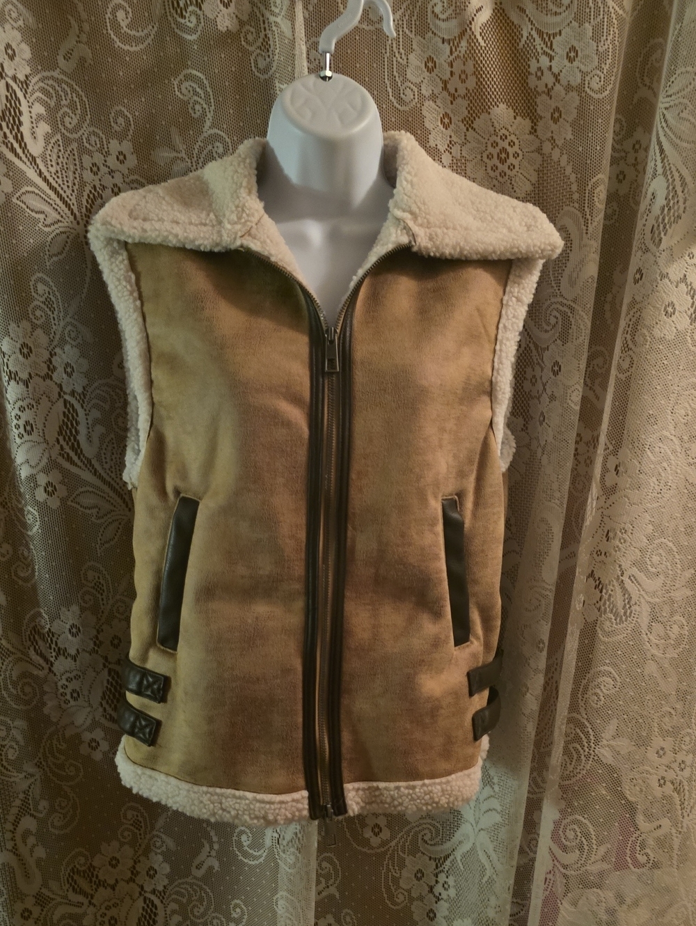 New wild fable Wonen's XXS Cream Sherpa-Lined Vest Tan Faux Suede Trim